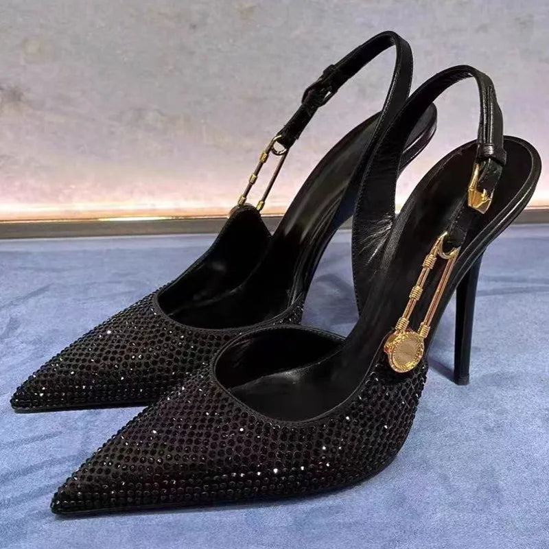 Luxo Strass Lantejoulas Fivela Mulheres Bombas Elegantes Bico Fino Slingbacks Stiletto Salto Alto Primavera Verão Moda Sapatos