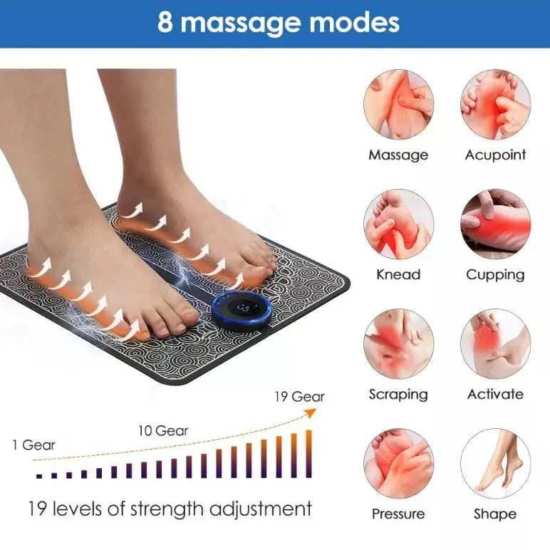 Almofada massageadora elétrica para pés EMS, estimulação muscular elétrica, massageador para pés, carregamento USB, portátil