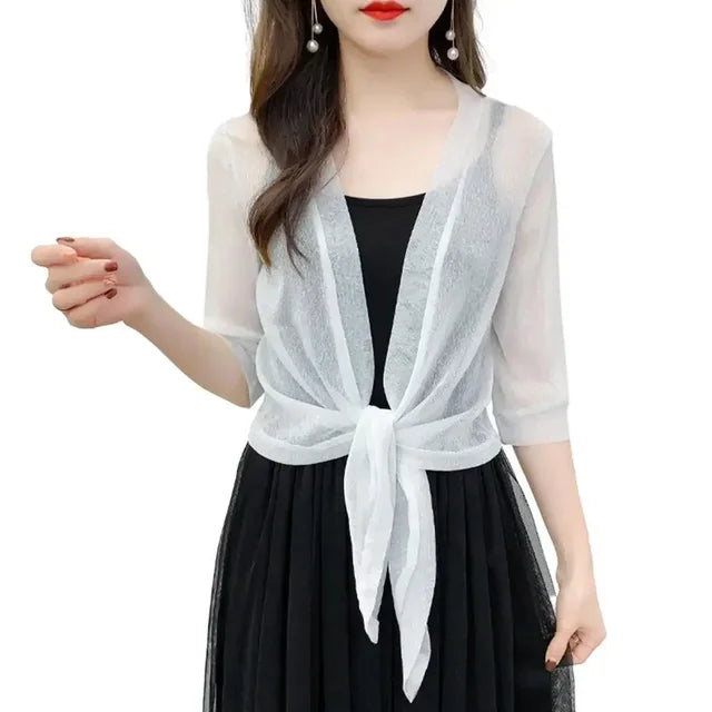 Cardigan feminino transparente com cadarço e glitter, meia manga, jaqueta leve de verão, blusa solta transparente