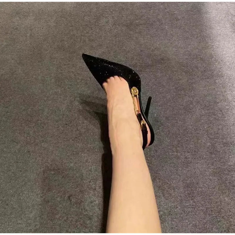 Luxo Strass Lantejoulas Fivela Mulheres Bombas Elegantes Bico Fino Slingbacks Stiletto Salto Alto Primavera Verão Moda Sapatos