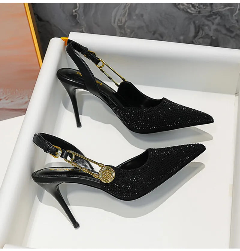 Luxo Strass Lantejoulas Fivela Mulheres Bombas Elegantes Bico Fino Slingbacks Stiletto Salto Alto Primavera Verão Moda Sapatos