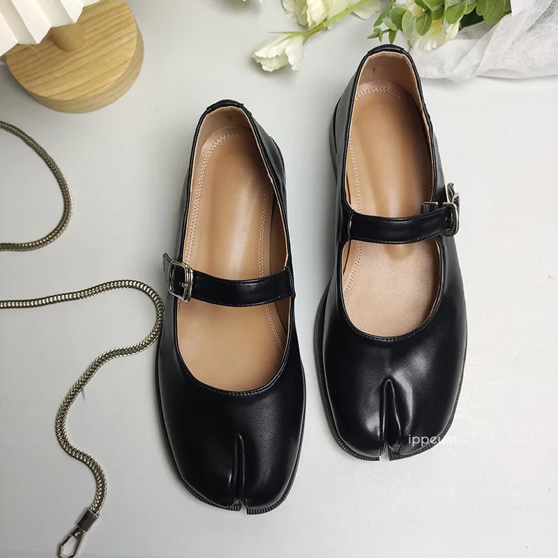 Flats Split Toe Shoes Plus Size 42 Mocassim Sapatos Marrom Couro Preto Feminino Mary Janes