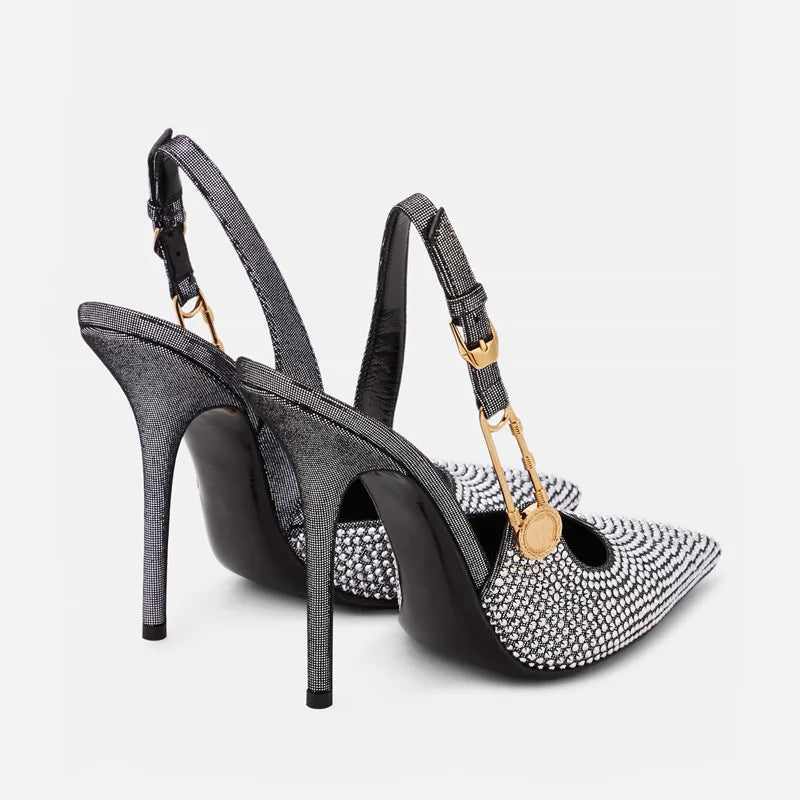 Luxo Strass Lantejoulas Fivela Mulheres Bombas Elegantes Bico Fino Slingbacks Stiletto Salto Alto Primavera Verão Moda Sapatos