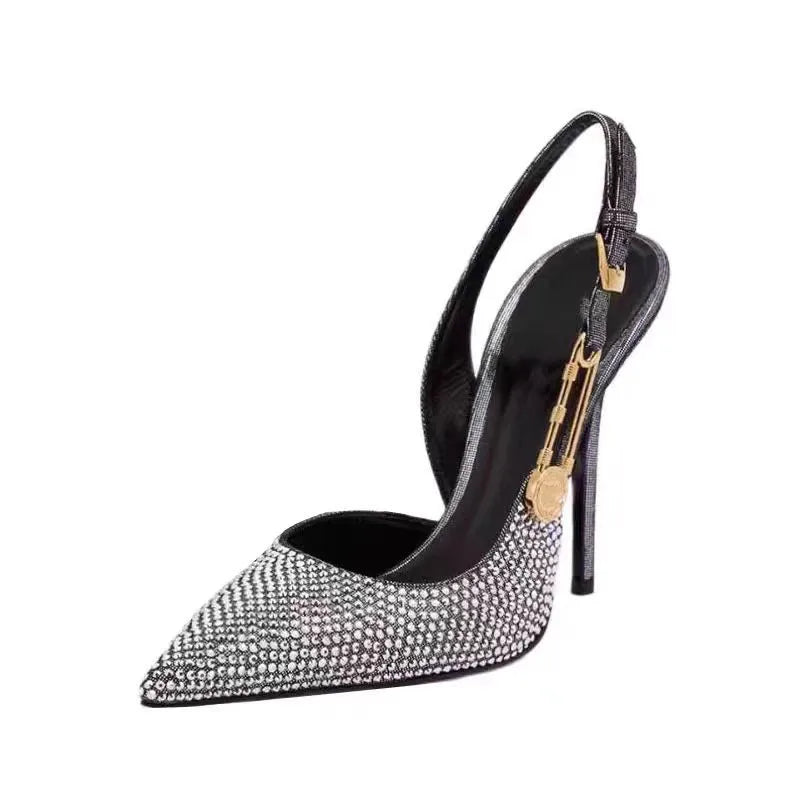 Luxo Strass Lantejoulas Fivela Mulheres Bombas Elegantes Bico Fino Slingbacks Stiletto Salto Alto Primavera Verão Moda Sapatos