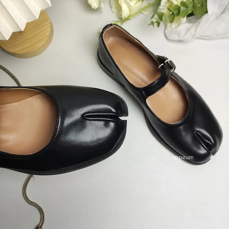 Flats Split Toe Shoes Plus Size 42 Mocassim Sapatos Marrom Couro Preto Feminino Mary Janes