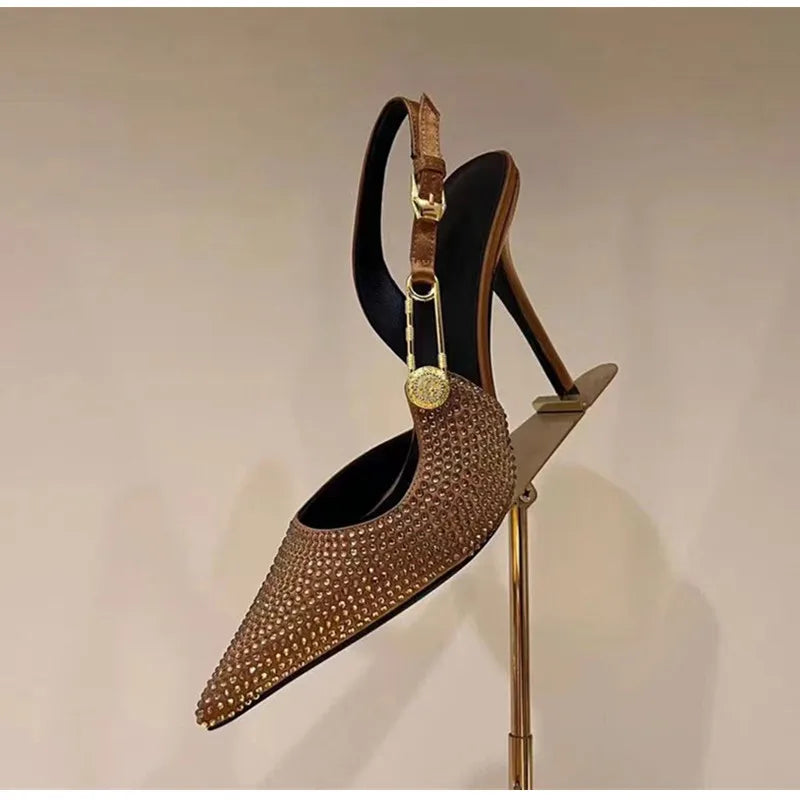 Luxo Strass Lantejoulas Fivela Mulheres Bombas Elegantes Bico Fino Slingbacks Stiletto Salto Alto Primavera Verão Moda Sapatos