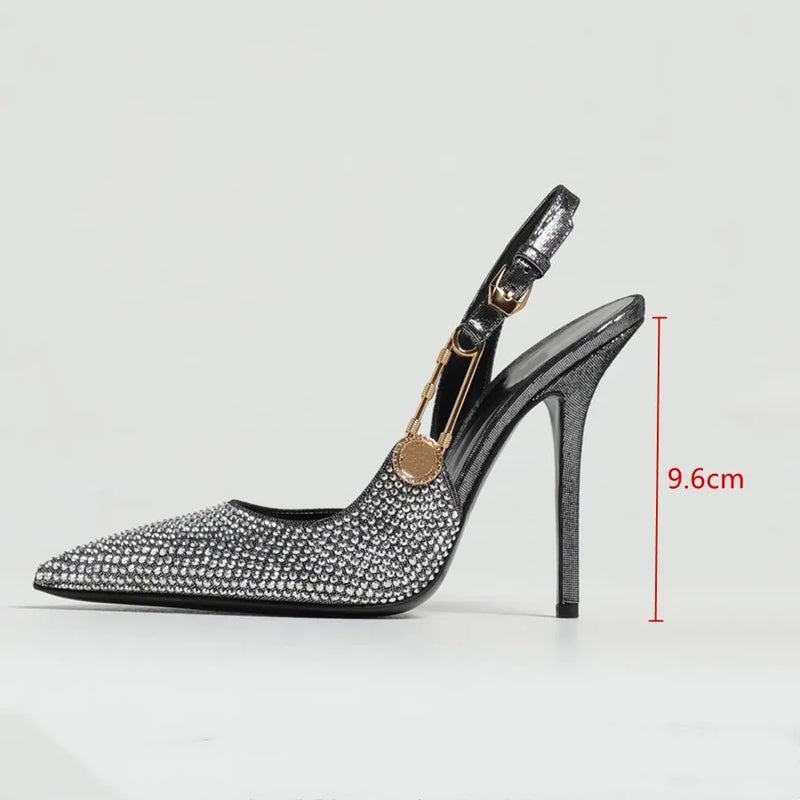 Luxo Strass Lantejoulas Fivela Mulheres Bombas Elegantes Bico Fino Slingbacks Stiletto Salto Alto Primavera Verão Moda Sapatos