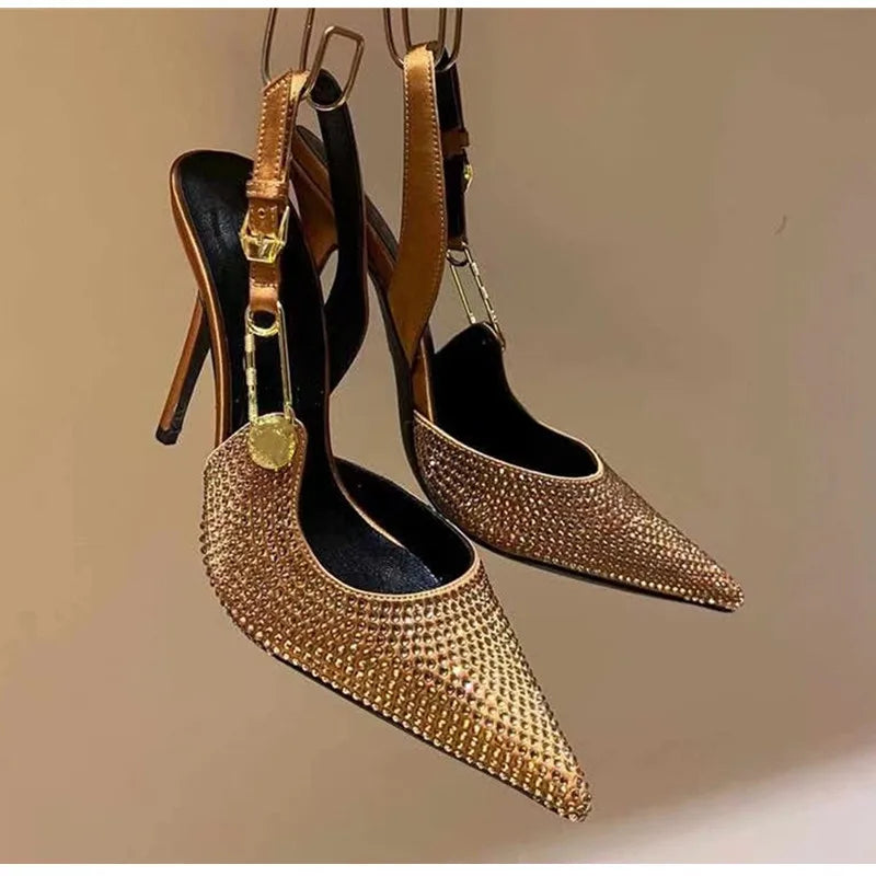 Luxo Strass Lantejoulas Fivela Mulheres Bombas Elegantes Bico Fino Slingbacks Stiletto Salto Alto Primavera Verão Moda Sapatos