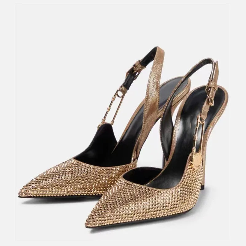 Luxo Strass Lantejoulas Fivela Mulheres Bombas Elegantes Bico Fino Slingbacks Stiletto Salto Alto Primavera Verão Moda Sapatos