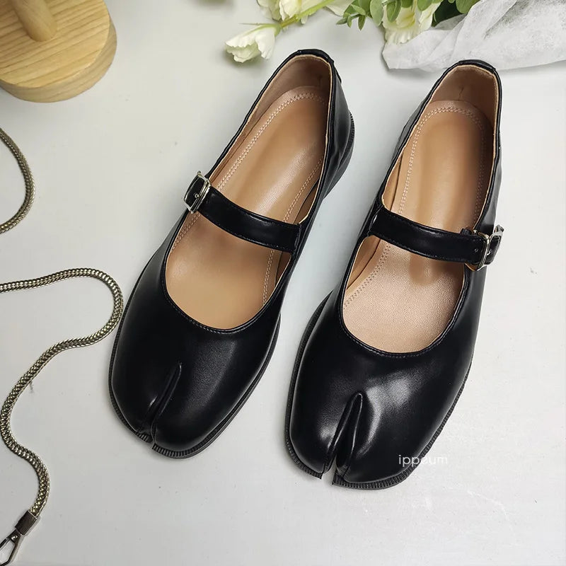 Flats Split Toe Shoes Plus Size 42 Mocassim Sapatos Marrom Couro Preto Feminino Mary Janes