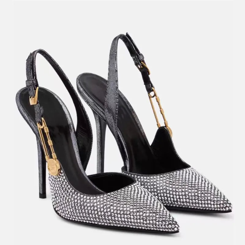 Luxo Strass Lantejoulas Fivela Mulheres Bombas Elegantes Bico Fino Slingbacks Stiletto Salto Alto Primavera Verão Moda Sapatos