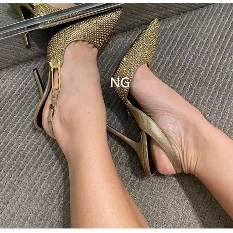 Luxo Strass Lantejoulas Fivela Mulheres Bombas Elegantes Bico Fino Slingbacks Stiletto Salto Alto Primavera Verão Moda Sapatos