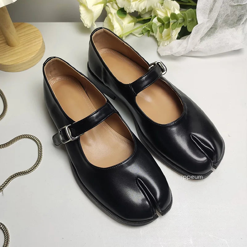 Flats Split Toe Shoes Plus Size 42 Mocassim Sapatos Marrom Couro Preto Feminino Mary Janes